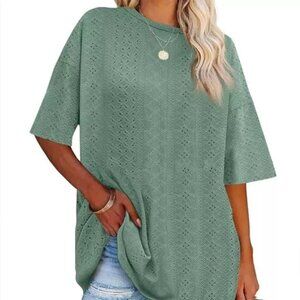 Fazortev Womens Eyelet Crew Neck T Loose Fit Casual Blouse Top(M)